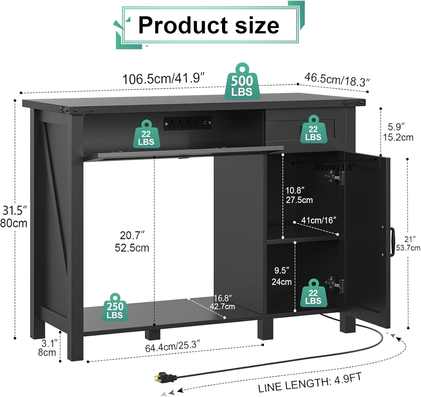 40 Gallon Aquarium Stand With Charging Station, Farmhouse Fish Tank Stand, Reptile Tank Stand Terrarium Stand with Drawer and Cabinet Storage, Sturdy Heavy Duty 41.9"×18.3" Tabletop - Black