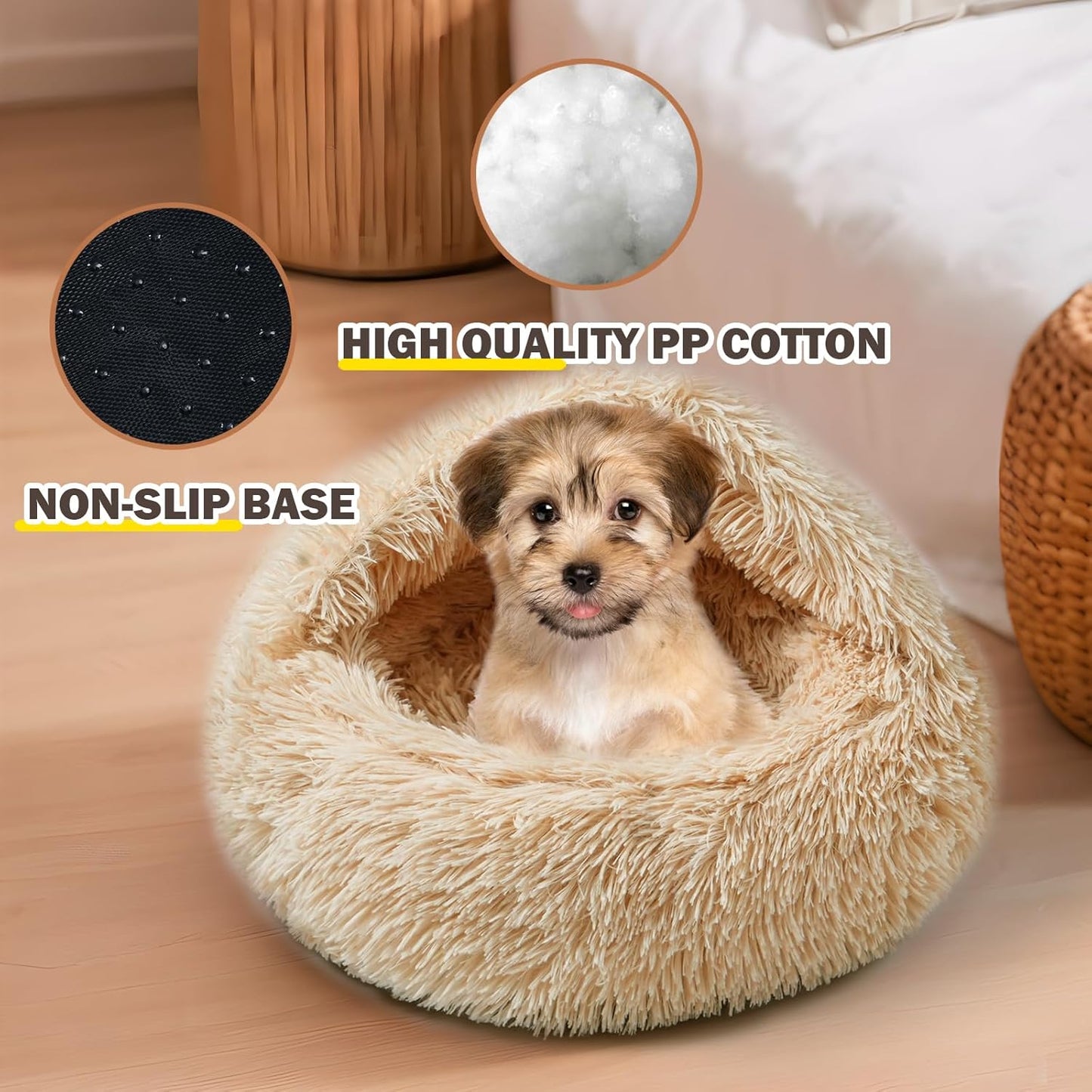 Cat Bed for Indoor Cats, Calming Cozy Cave with Self-Warming Plush, Entire Bed Machine Washable & Anti-Slip Base, Breathable Pet Bed for Small Cats&Dogs All Seasons (Apricot Color, 20 * 20inch)