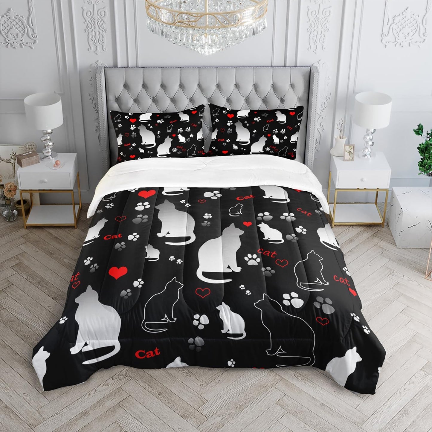 Kawaii Cat Animal Themed Comforter Set 3Pcs Full Black White Pet Cat Bedding Set for Kid Teen Girl Boy Adult Room Decor Cartoon Cat Paw Heart Pattern Quilt with 1 Comforter and 2 Pillowcases