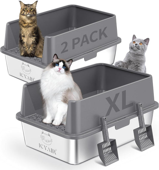 2PACK Stainless Steel Cat Litter Box with High Sides Lid, Extra Large XL Litter Box for Big Cats, Metal Kitty Litter Boxes with Anti-Leakage Enclosure,Non-Stick,Odorless,Scoop Included