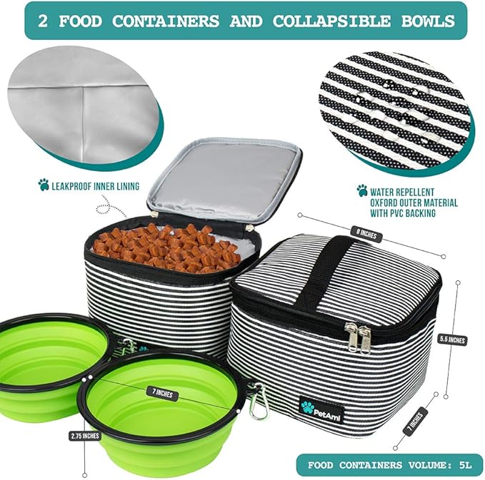 PetAmi Dog Travel Bag - Organizer with Food Container, Bowls & Accessories for Weekend Camping, Cat Diaper Bag (Stripe Black, Large)