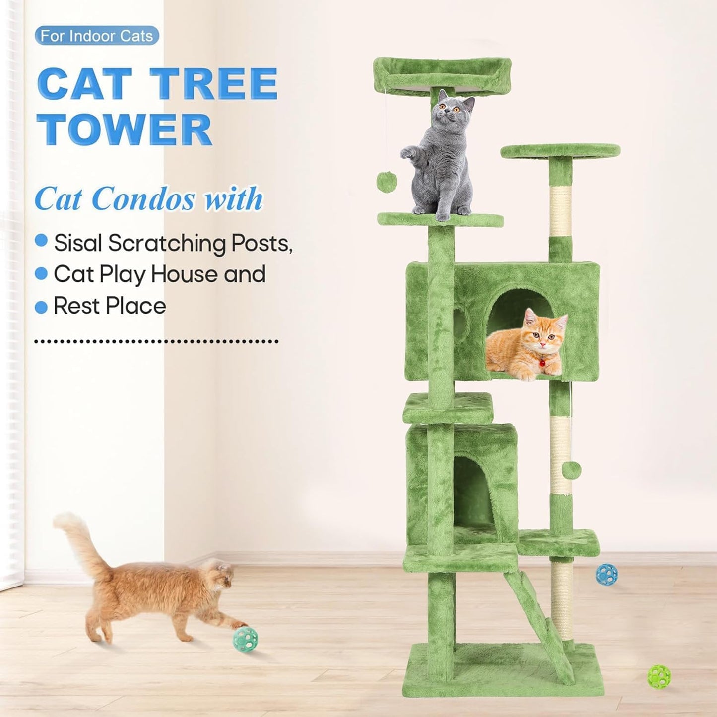 FDW Cat Tree 70in Cat Tower Multi-Level Durable Cat Scratching Post & Cozy Fun Cat Jumping Platform Space Saving Cat Condo Pet Play House for Indoor Cats,Green