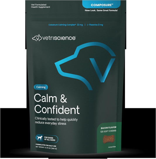 VetriScience Calm & Confident Calming Chews for Dogs, Supplement for Stress Support, Thunderstorms, Fireworks, & Travel, Bacon, Soft Chews, 120 Count - New Look
