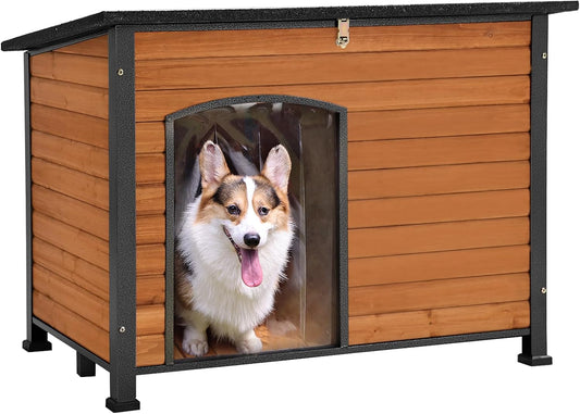 GUTINNEEN Chew Proof Dog House with Metal Iron Frame Outdoor Dog Kennel for Small Medium Large Indoor Dog Cage (43.3" L,Brown Color)