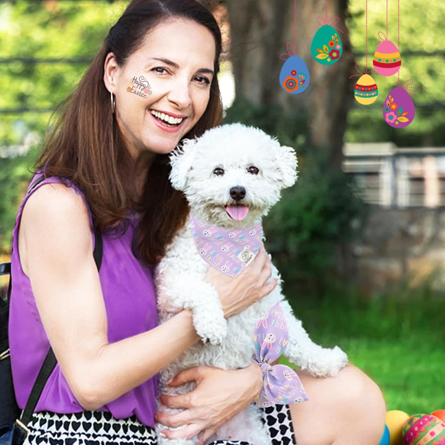E-Clover Easter Dog Bandana & Matching Scrunchie-Bunny Dog Bandanas Pet Scarf Bib for Samll Dogs Puppy Girl Boy Owner Gift Purple