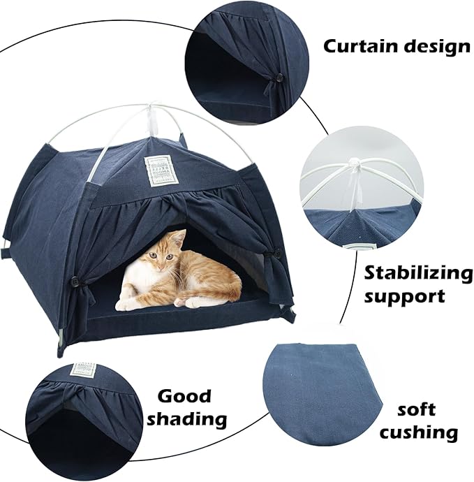Cat Tent Bed,Cats Cave House Portable for Indoor with Removable Non-Slip Soft Pad Foldable Cat Tents Hut Washable Pet House Bed Outdoor for Kitty Puppy Small Pets 15.7x15.7x16.1 in (Navy Blue)