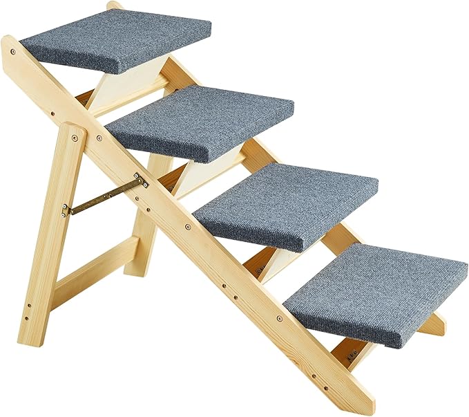 VEVOR Wood Pet Stairs/Pet Steps, 2-in-1 Foldable Wooden Dog Stair for Beds, Sofa and Cars, Dog Stairs & Ramp with 4 Steps for Small Medium Large Pet, up to 150 lbs