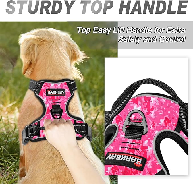 BARKBAY No Pull Dog Harness Front Clip Heavy Duty Reflective Easy Control Handle for Large Dog Walking(Pink camo,M)