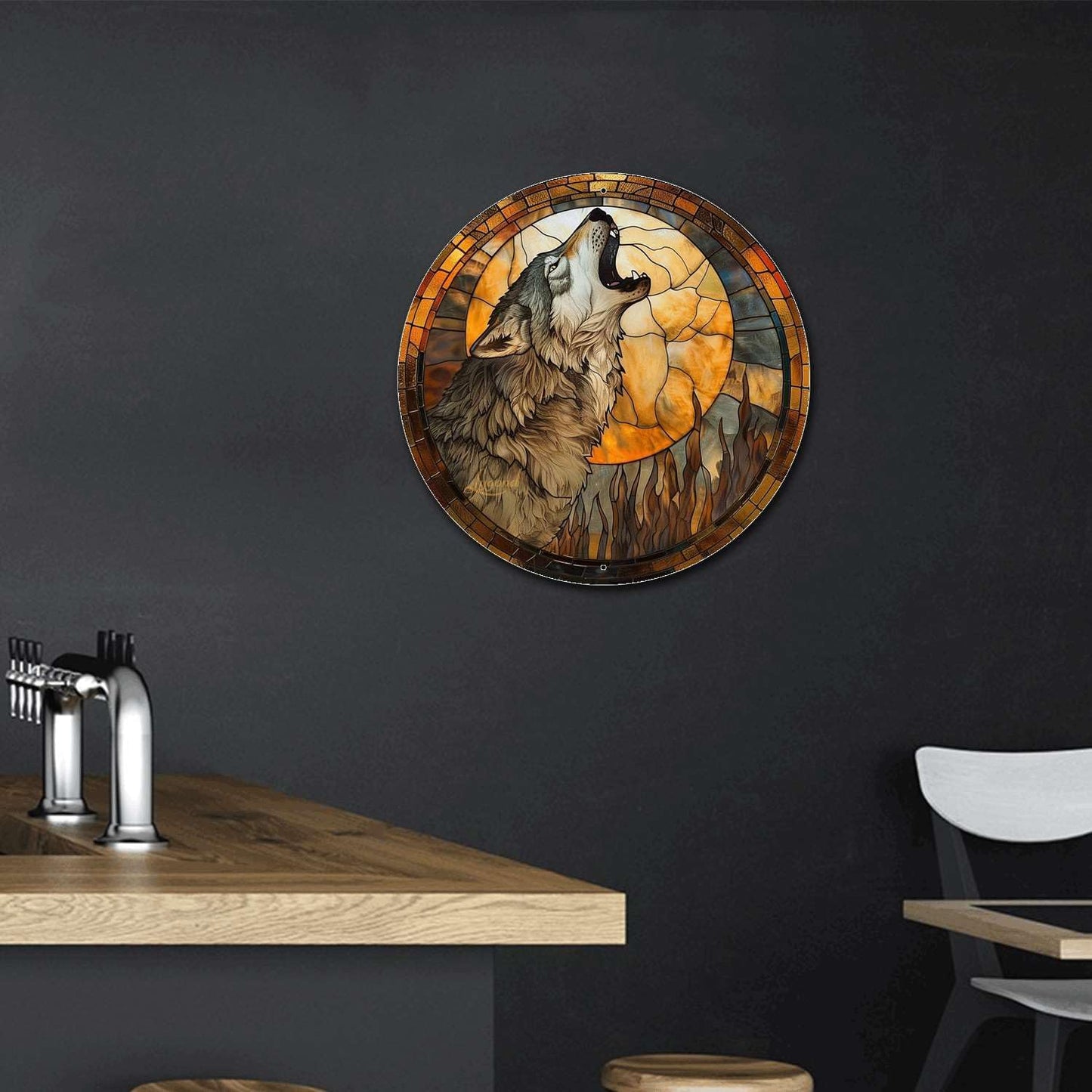 Lygond Metal Tin Sign - Circular Stained Glass Gray Wolf - 1212 Inches