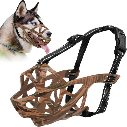 Dog Muzzle for Large Dogs, Breathable Basket Muzzles for Small, Medium and X-Large Aggressive Dog, Allows Panting Drinking, Suitable for Grooming Trimming Training (Camouflage Brown, L)