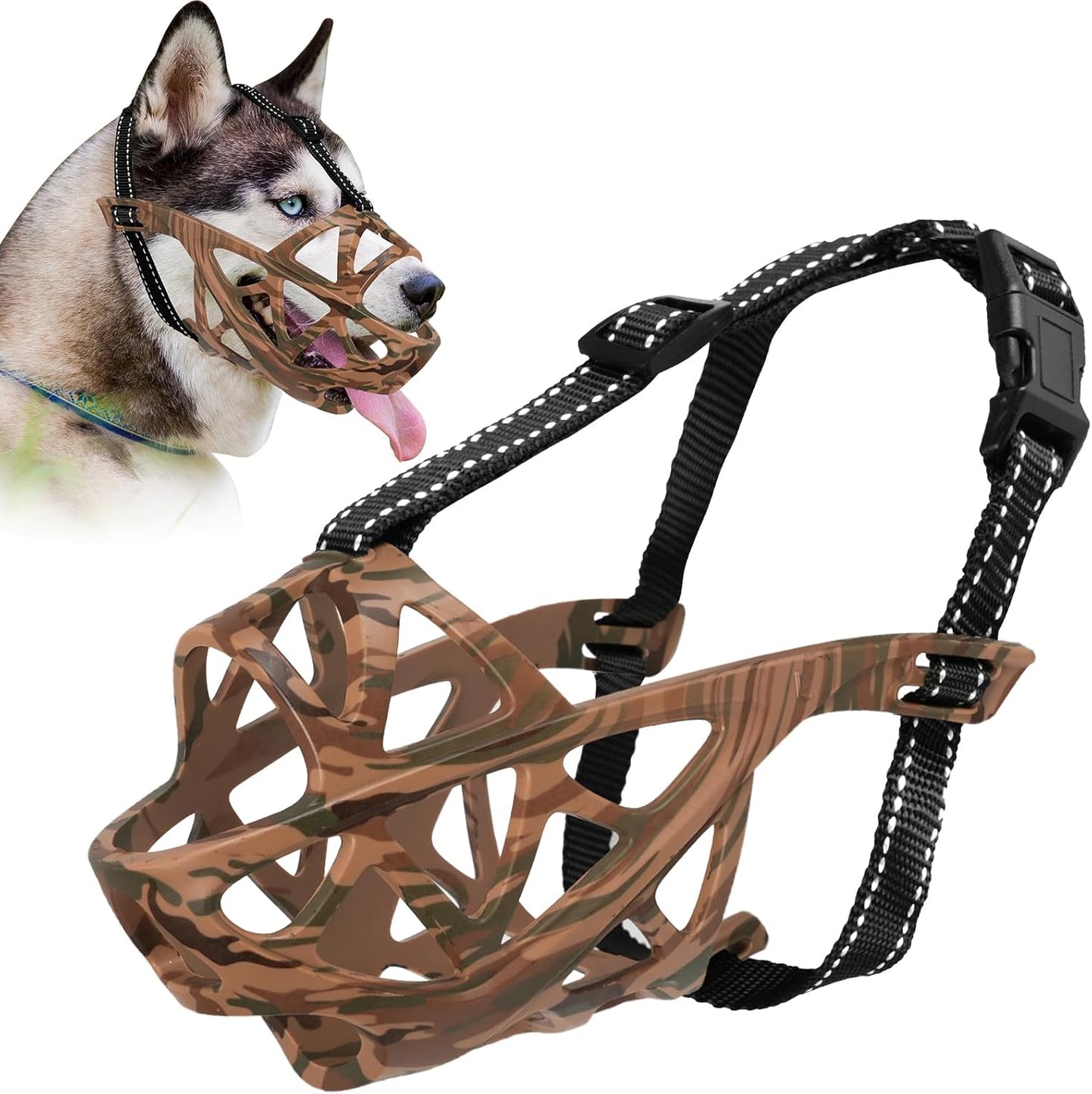 Dog Muzzle for Large Dogs, Breathable Basket Muzzles for Small, Medium and X-Large Aggressive Dog, Allows Panting Drinking, Suitable for Grooming Trimming Training (Camouflage Brown, M)