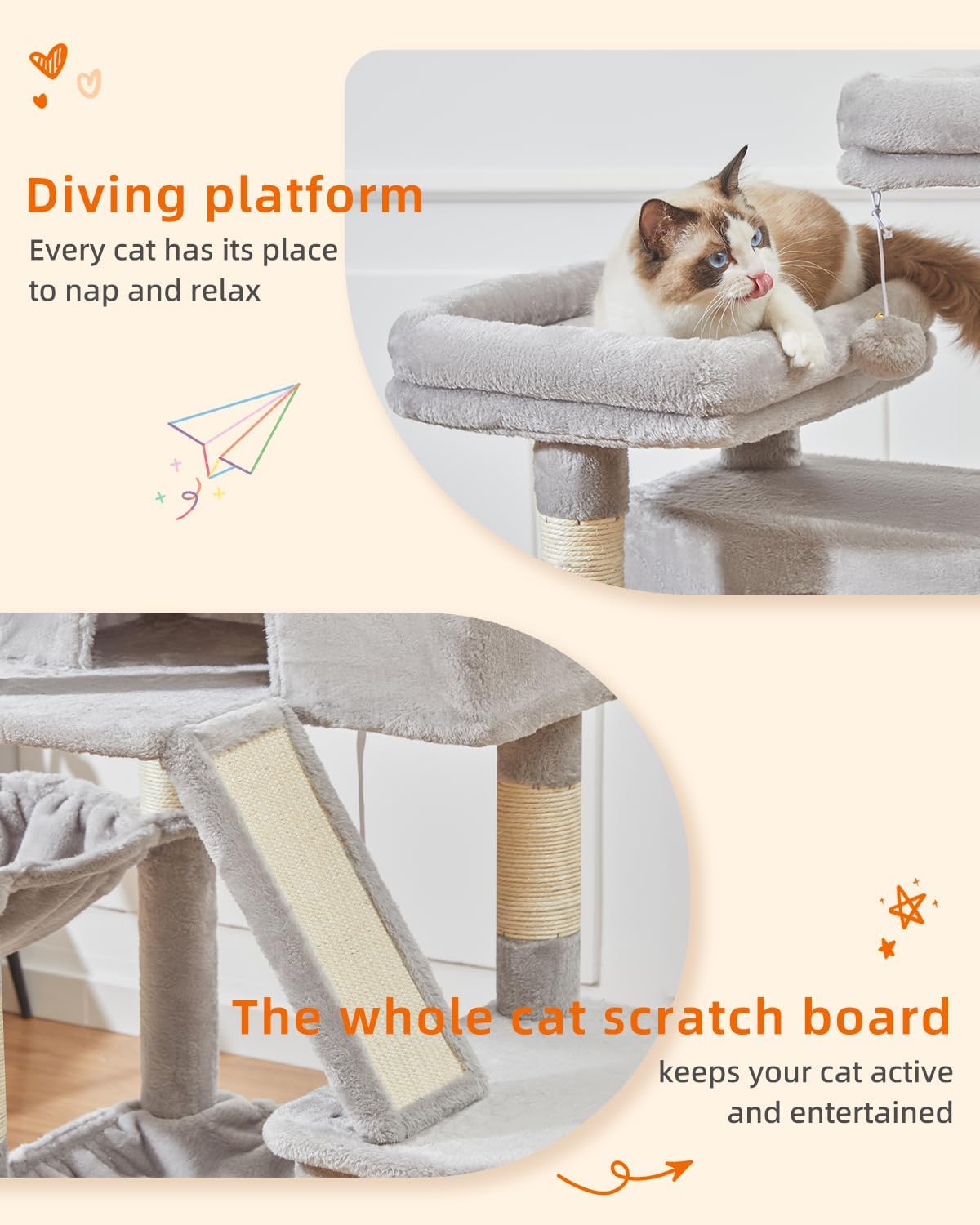 Taoqimiao Cat Tree 57.5-Inch, Cat Tower for Indoor Cats Large Adult, Extra Large Cat Condo, 8 Sisal Scratching Posts, Metal Frame Cozy Hammock, Durable Scratch Board, 2 Top Perches, Light Gray MS026W