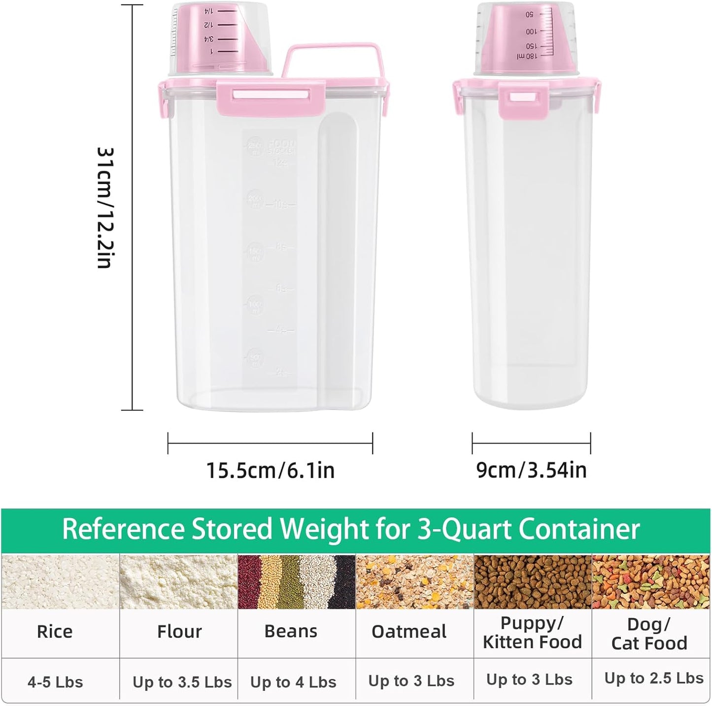 TBMax Rice Container 2 Pack 5 Lbs Cereal Container Storage, Kitchen Pantry Food Storage Holder with Cup, Small Pet Dog Cat Food Container -Pink