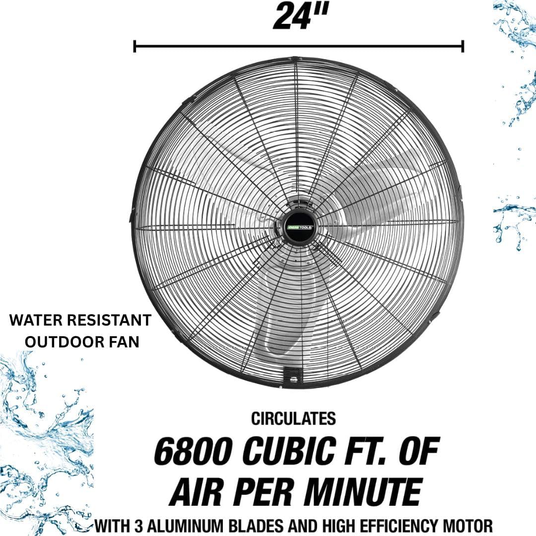 OEMTOOLS 24" Outdoor Wall Mount Fan, 80° Oscillating Fan 6800 CFM Max, Water Resistant, Use in Garage, Gym, Warehouse, Factory and Jobsite