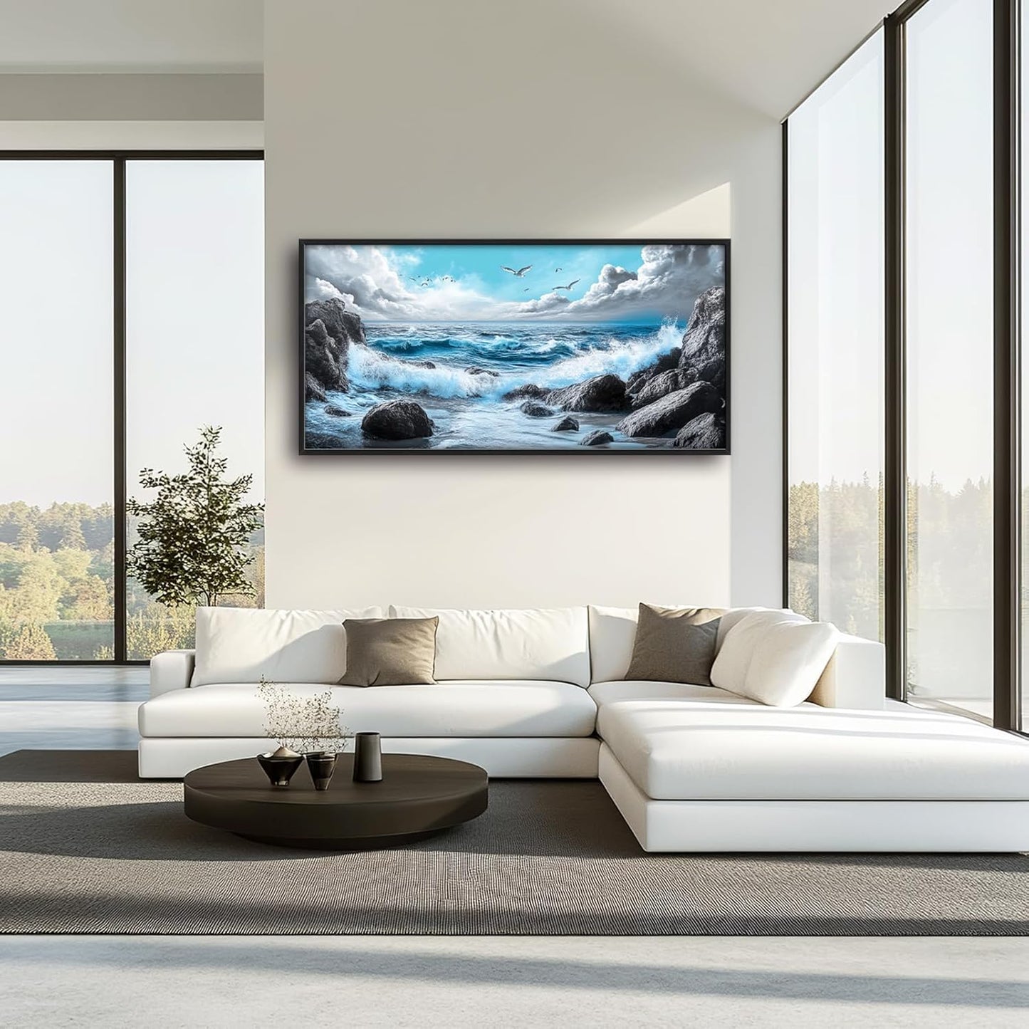 Extra Large Framed Abstract Sea Ocean Wall Art,Black and White Wall Decor, Coastal Seashore Pictures for Living Room,Canvas Print Painting Modern Artwork Bedroom Office Bathroom 60L x 30W