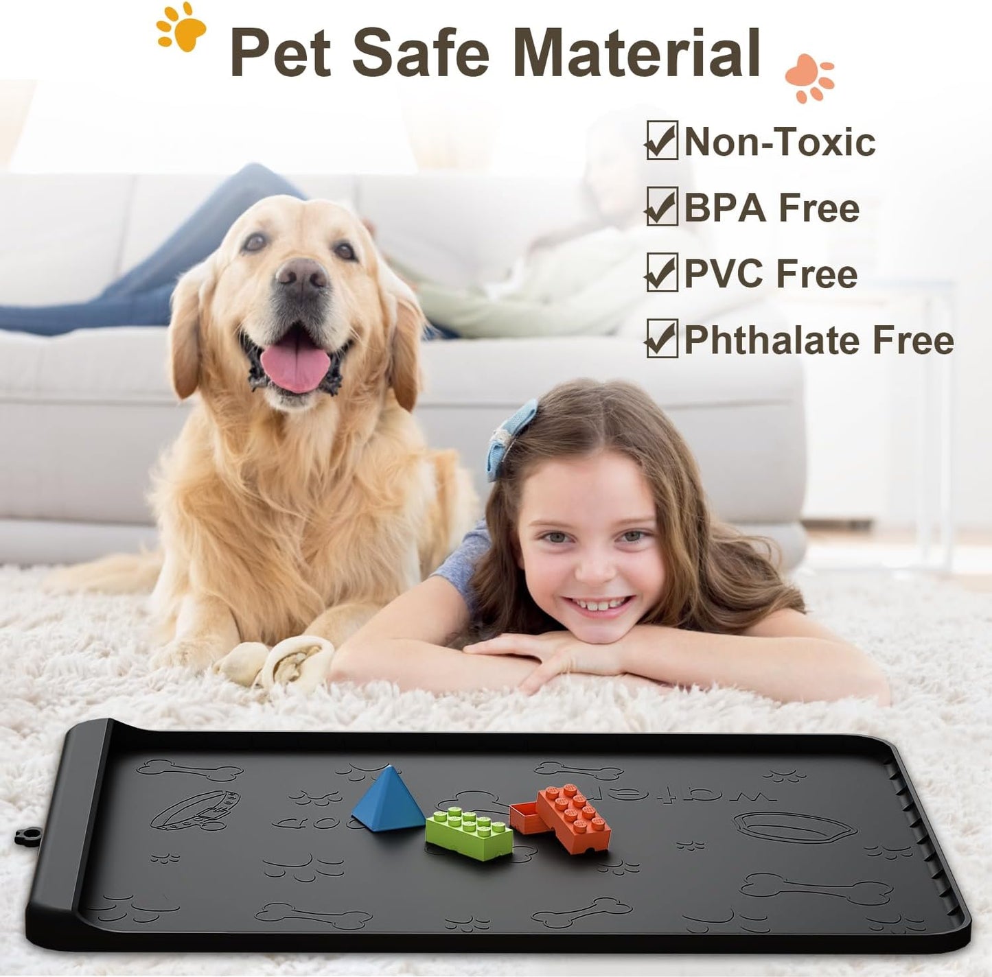 Dog Food Mat - Silicone Dog Mat for Food and Water - 28" x 20" Pet Feeding Mats with Residue Collection Pocket - Waterproof Dog Cat Bowl Mat with High Edges to Prevent Water Food Spills (Black)