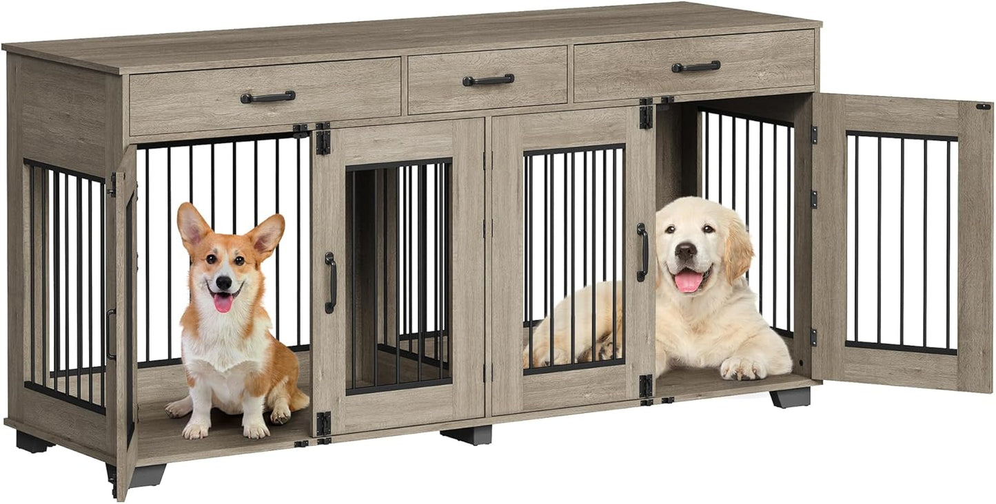 71'' Dog Crate Furniture, Wooden Indoor Dog Kennel for 2 Dogs with 3 Drawers and Removable Room Divider, XXL Double Dog Crate TV Stand End Table with Double Doors for Large Medium Dogs, Grey