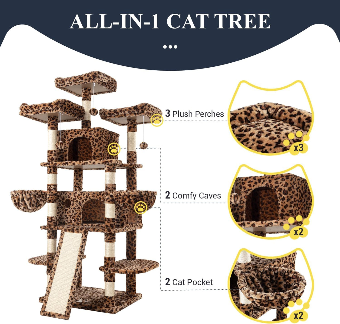 Allewie 68 Inches Cat Tree/House and Towers for Big Feline/Scratching Post/Multi-Level Large Kitty Climbing Tree with Condo/Leopard Print