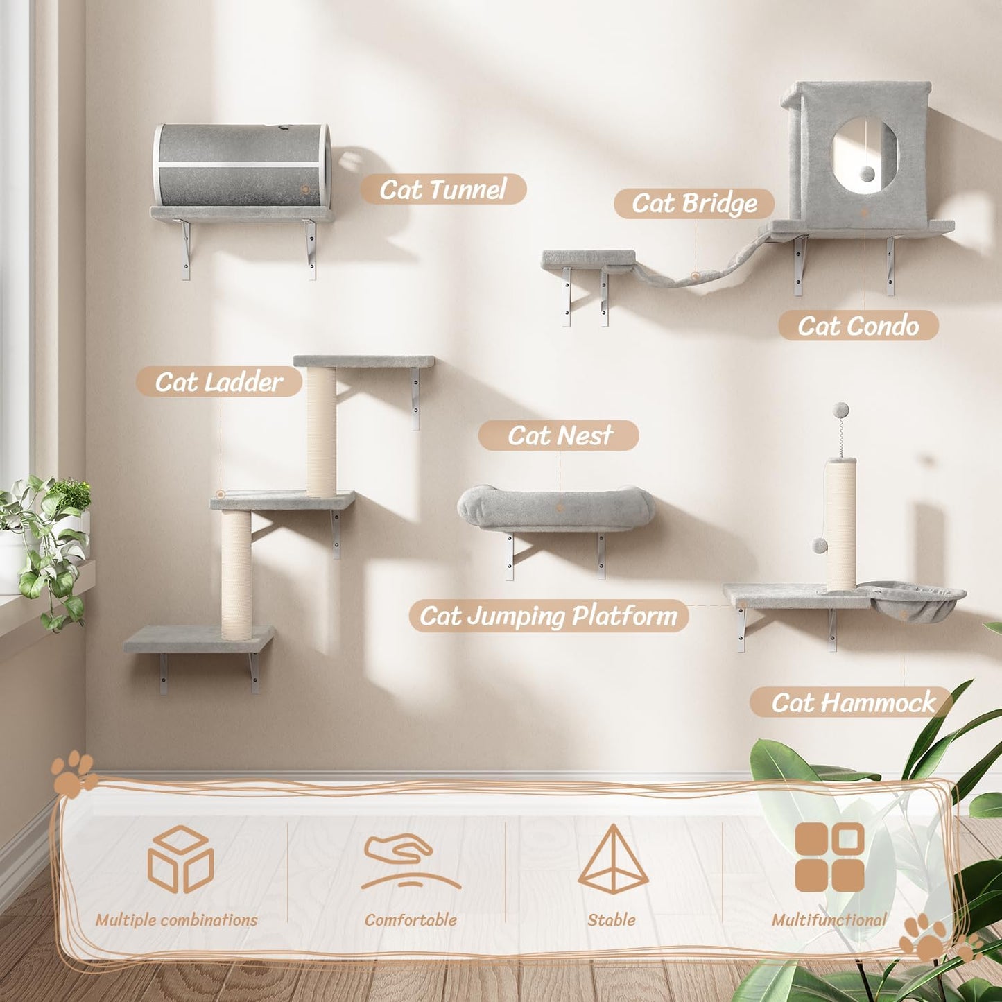 NUNU LAB 7-in-1 Wall Mounted Cat Climber Set, Cat Furniture Set with House, Tunnel, Bridge, Tree, Steps, Scratcher Board, Hammock, Luxury Wall Shelves for Indoor, Gray