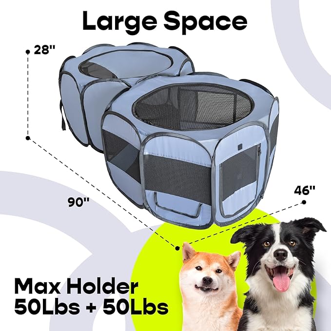 EighteenTek XLarge 2-in-1 Pop up Dog Playpen, Assembly-Free, with Leakproof Pet Pee Pads,Portable Foldable Cat Tent Enclosure Indoor Outdoors Puppy Kittens Small Animals Crates (L, 90" Lx45 Wx28 H)