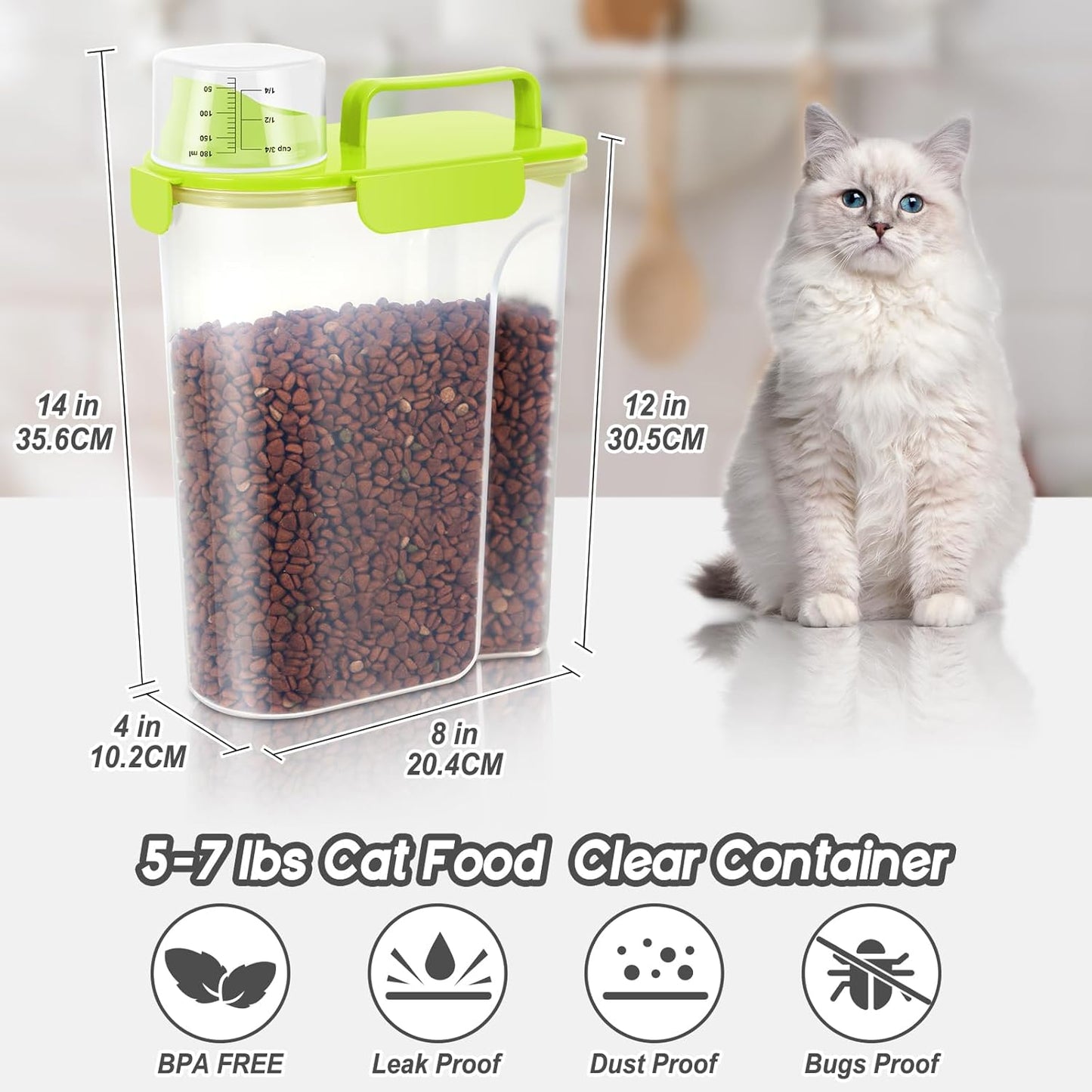 5-7Lbs Cat Dog Storage Container, Portable Pet Food Containers with Upgraded Large Spout and Cup, Small Animal Kibble Dispenser for Bird Seed, Oatmeal, Rice, Flour (2, Bright Green, 5L)