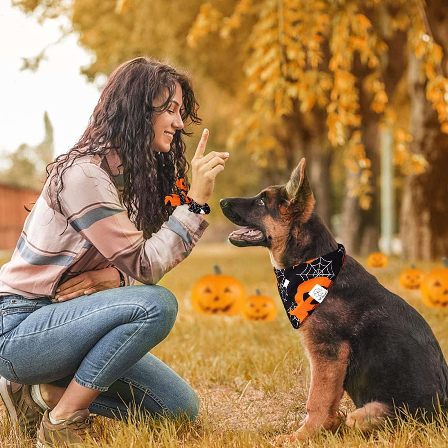 E-Clover Halloween Dog Bandanas-Pumpkin Dog Bandana Matching Scrunchie Triangle Pet Kerchief Scarf for Small Medium Large Dogs Pet Black