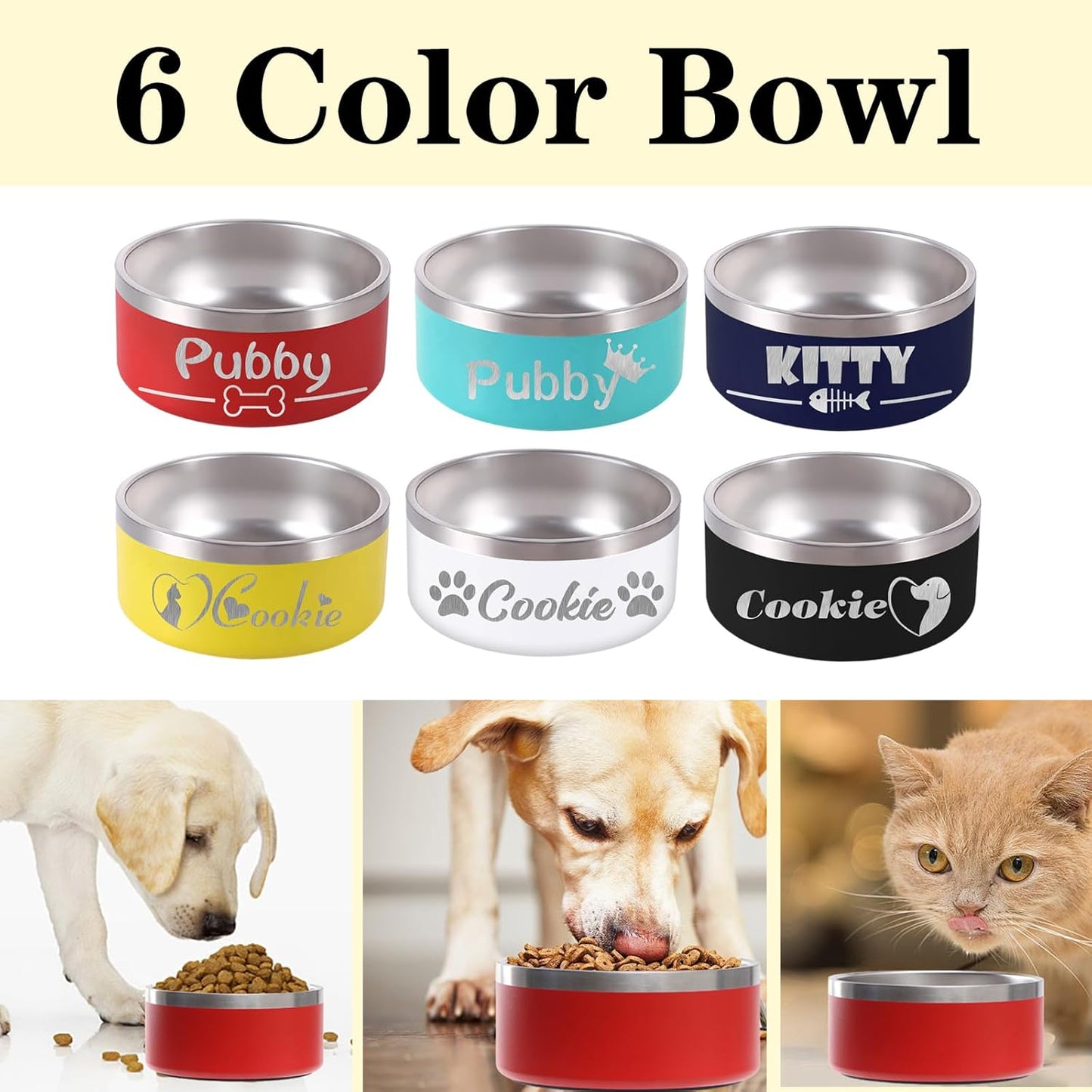 64OZ Personalized Dog Bowl Laser Engraved Custom Pet Name 18/32/42/64 oz No Slip Stainless Steel Insulated Bite-Resistant Food Water Dishes-White