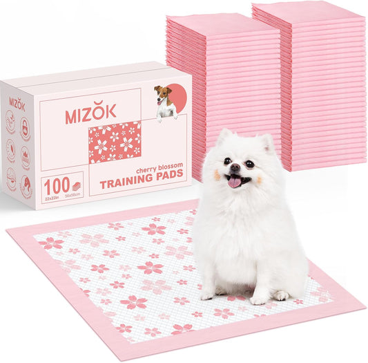 MIZOK Puppy Pads 22"x 22" with Leak-Proof Quick-Dry Design Pee Pads for Dogs Potty Training, 6-Layer Standard Absorbency Dog Pee Pads Regular Size, Pink Cherry Blossom Pattern (100 Counts)