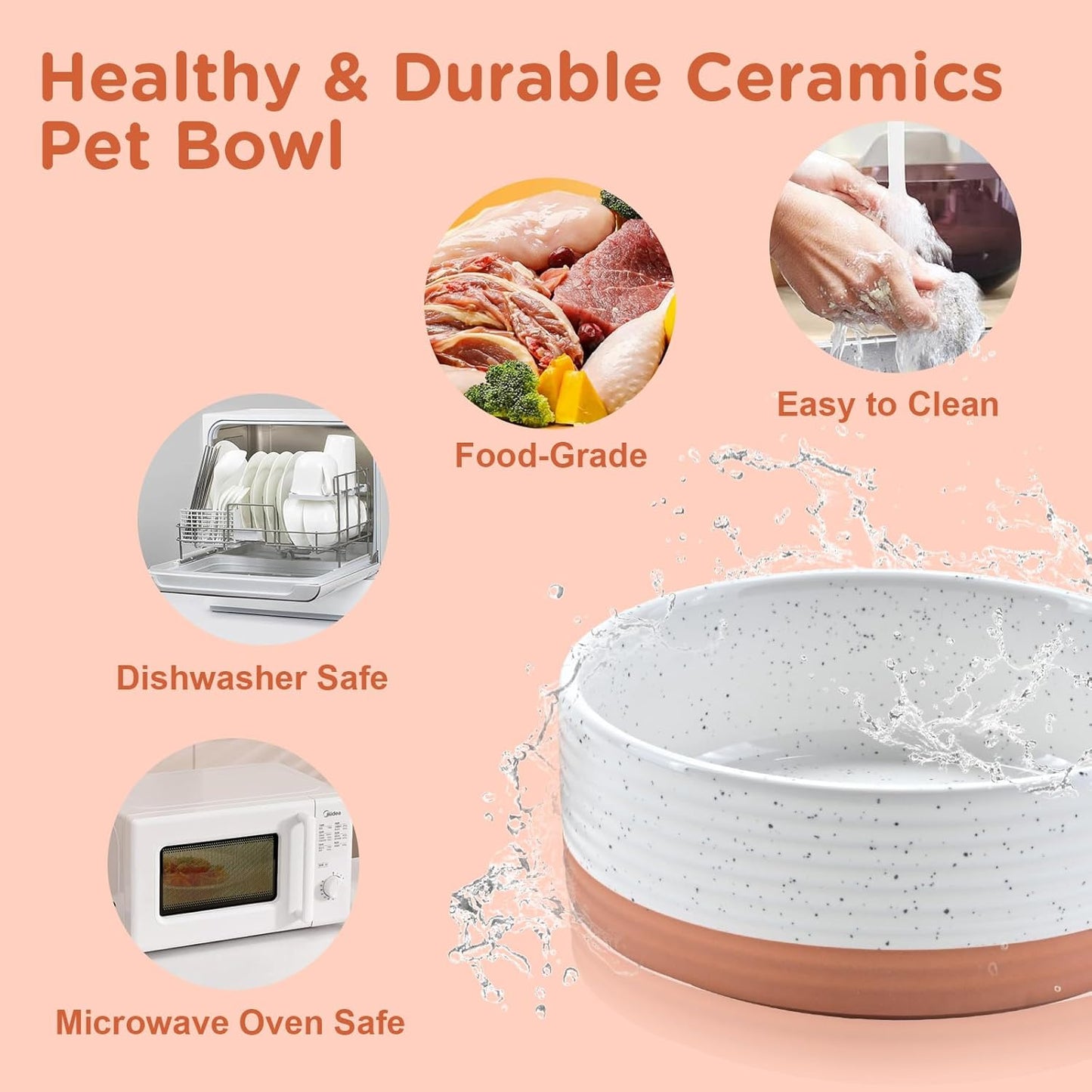SPUNKYJUNKY Elevated Dog Bowls Ceramic, 6.1'' Dogs and Cat Food Water Bowls Raised with Non-Slip Bamboo Stand for Medium Sized Breed Microwave Dishwasher Safe - 28.7 OZ,Pattern White
