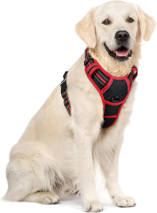 rabbitgoo Dog Harness No Pull with 2 Leash Clips, Adjustable Soft Padded, Reflective Oxford No Choke Pet Vest with Easy Control Handle for Large Dogs, Black & Red, XL