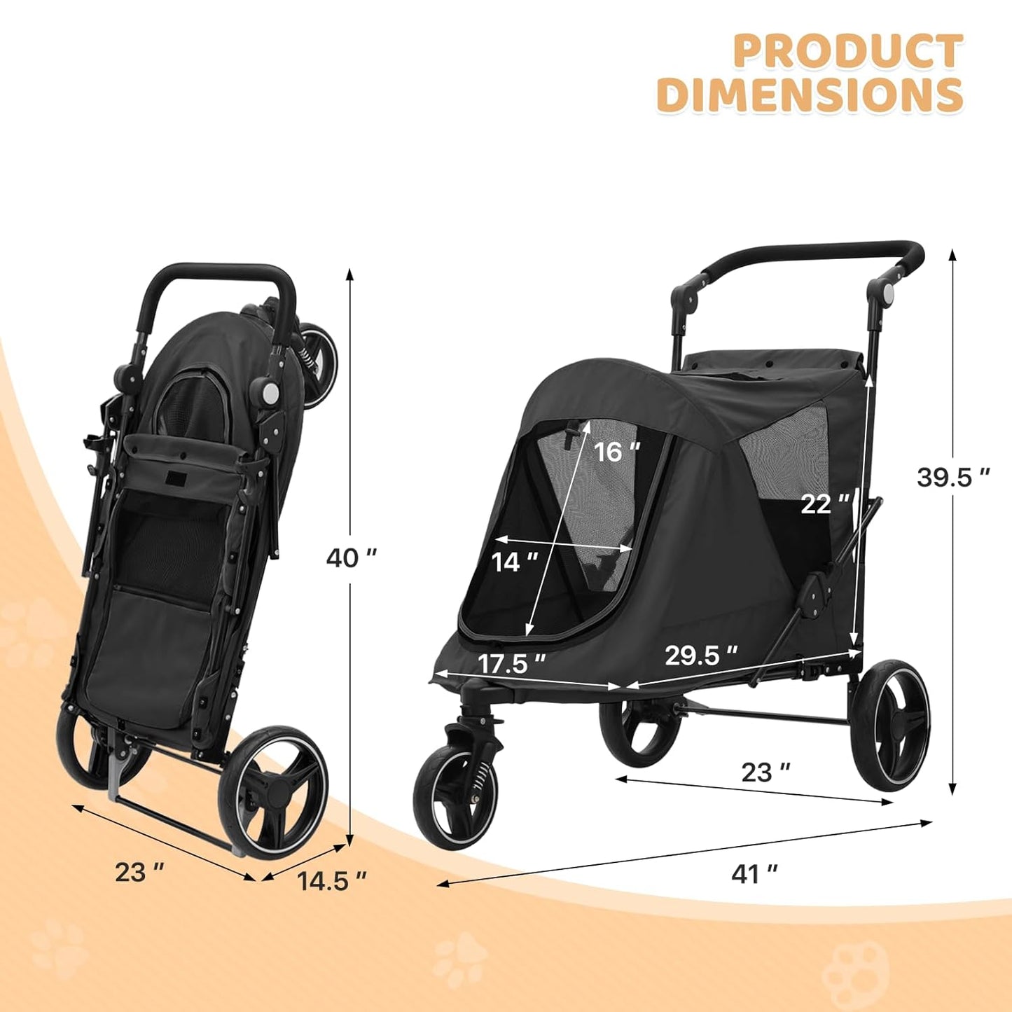 Magshion Pet Stroller for Medium Dogs w/Adjustable Handle, 3-Wheel Dog Cat Wagon w/Dual Entry, Rear Storage, Breathable Mesh, One-Foot Brake, Ideal for Large Pets up to 55 lbs, Black