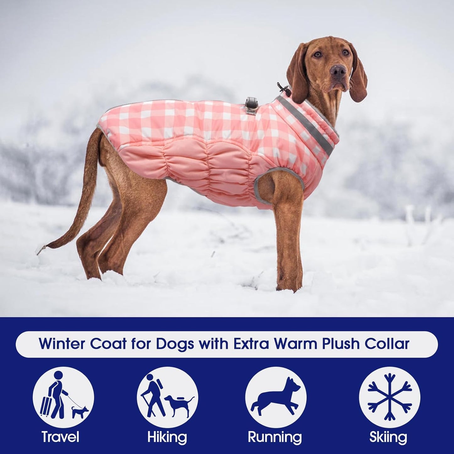 FUAMEY Dog Coat for Large Dogs,Waterproof Dog Winter Jacket with Harness Built in Puppy Cold Weather Coats Reflective Pet Vest with Zipper Warm Fleece Dogs Snowsuit Windproof Pink Plaid 2XL