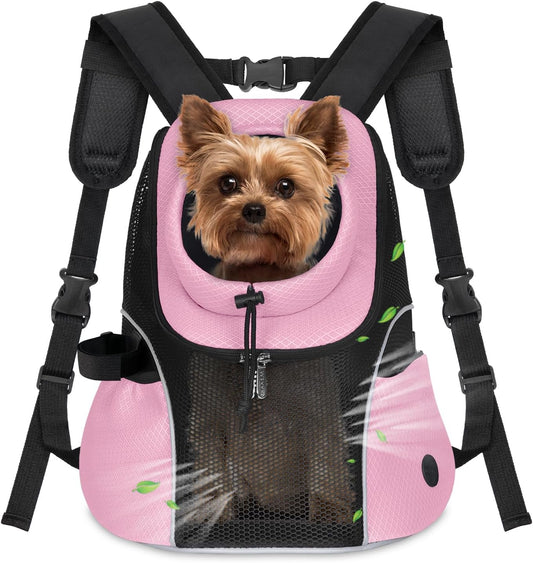 WOYYHO Pet Dog Carrier Backpack Small Dog Front Backpack Ventilated Mesh Dog Travel Back Pack with Safety Belt for Travel Hiking Cycling Outdoor Adventures (Size M: 5-9 lbs, Pink)