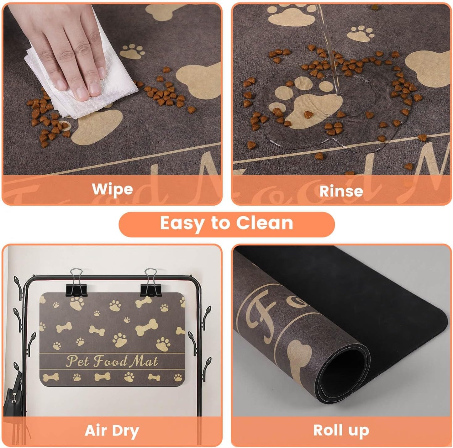 Pet Feeding Mat-Absorbent Pet Placemat for Food and Water Bowl, with Waterproof Rubber Backing, Quick Dry Water Dispenser Mat for Dog and Cat (12"x20", Brown)