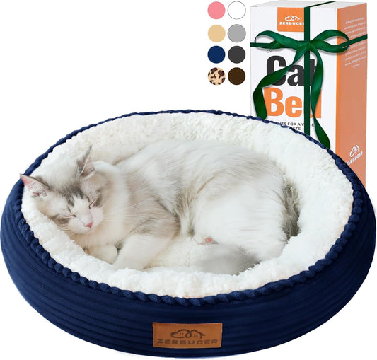 20in Washable Cat Beds for Indoor Cats - Round Donut Pet Bed for Cats, Small Dogs, Puppy, Kitten - Anti-Slip Bottom, Calming Bed Gift - Navy Blue
