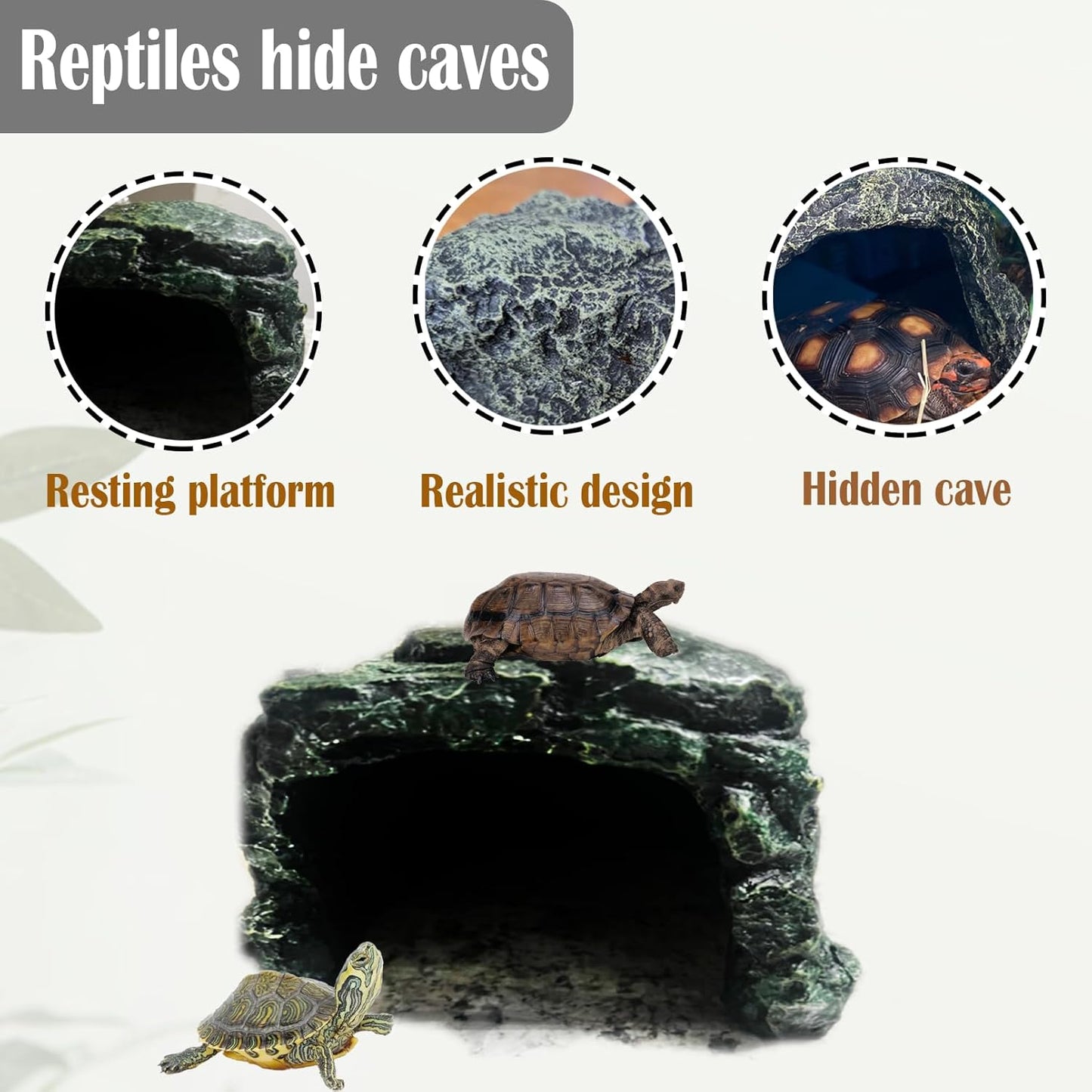 kathson Reptile Rock Hideout Cave,Tortoise Hide Caves,Resin Hides Shelter,Reptile Green Plant Decoration Habitat Decor Terrarium Accessories for Lizards Bearded Dragon Gecko Turtles Spiders