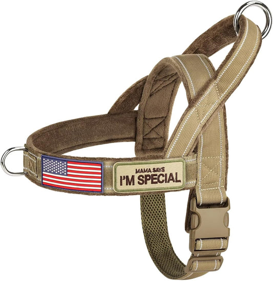 Forestpaw No Pull Dog Harness - Soft Flannel Padded Tactical Dog Vest Harness with Quick Release Buckle, Adjustable Reflective Pet Harness for Medium Large Dogs Walking Training,Brown L