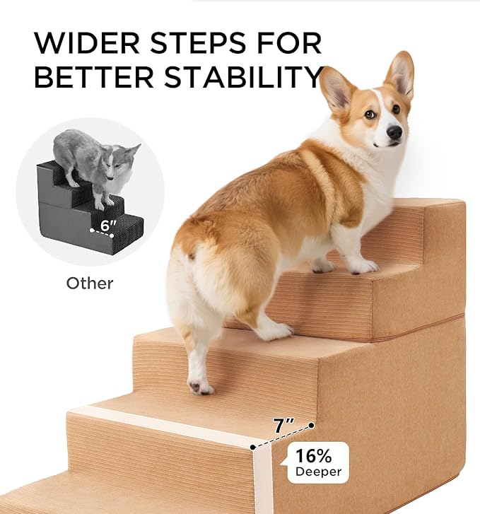 Made4Pets Dog Steps for Bed, Extra Wide Dog Stairs for High Bed Couch Sofa, 35D Foam Pet Steps for Small Dogs and Cats, Non-Slip Bottom Pet Stairs, Tan, 4 Steps