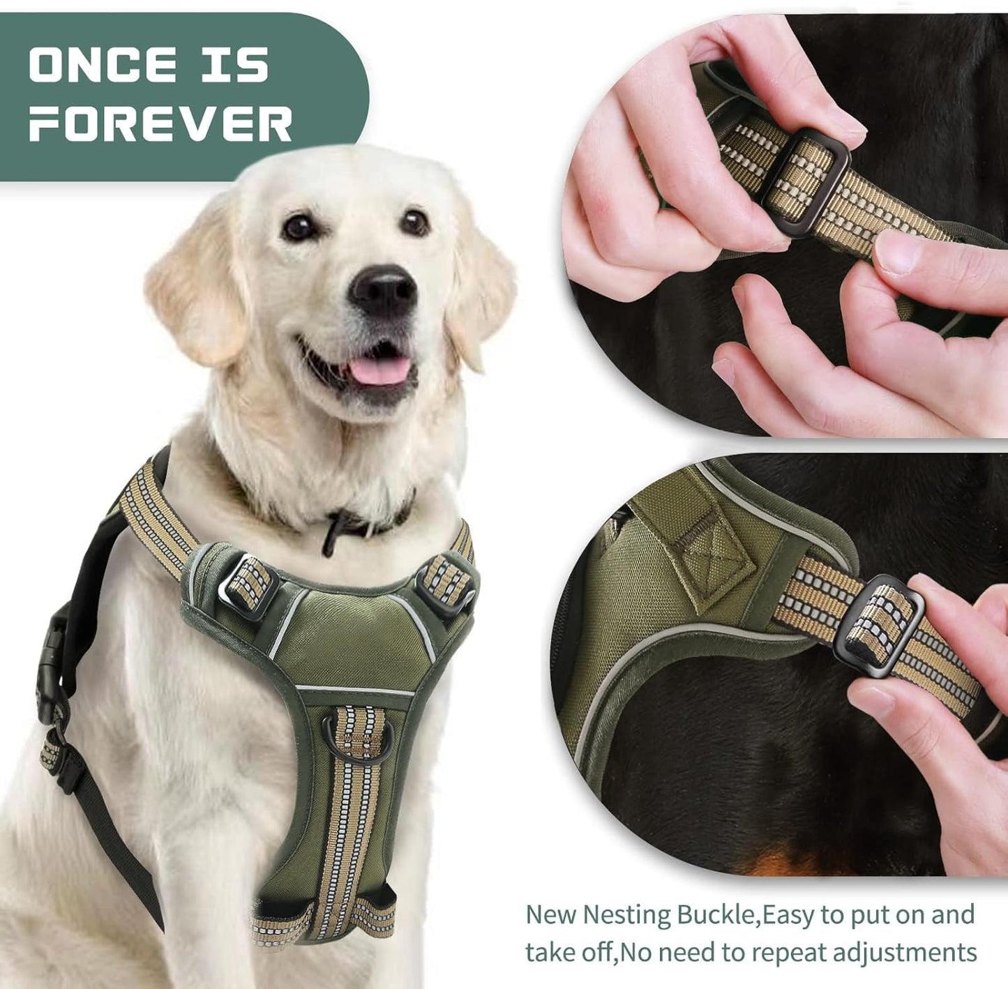 No Pull Dog Harness for Large Dogs, Adjustable No Choke Pet Vest with Dog Leash Fit Smart Reflective Pet Walking Harness for Training Easy Control Soft Handle Green L