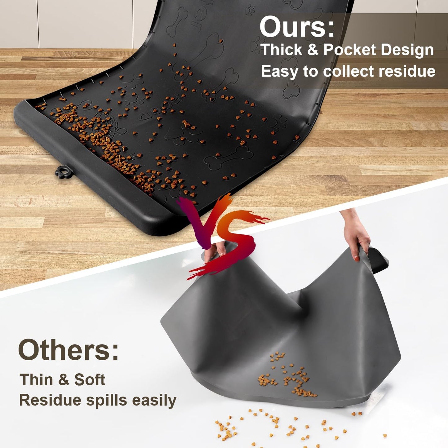 Dog Food Mat - Silicone Dog Mat for Food and Water - 28" x 20" Pet Feeding Mats with Residue Collection Pocket - Waterproof Dog Cat Bowl Mat with High Edges to Prevent Water Food Spills (Black)