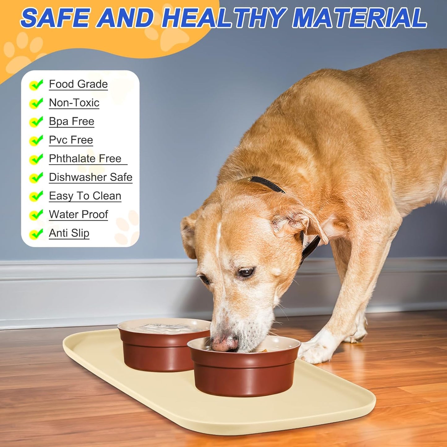 Silicone Pet Feeding Mat with Raised Edge for Food and Water, Dog Bowl Mats, Cat Bowls Placemat with High Lip for Floor Waterproof, Rubber Tray for Cats and Dogs 24 x 16 x0.8 White Sand