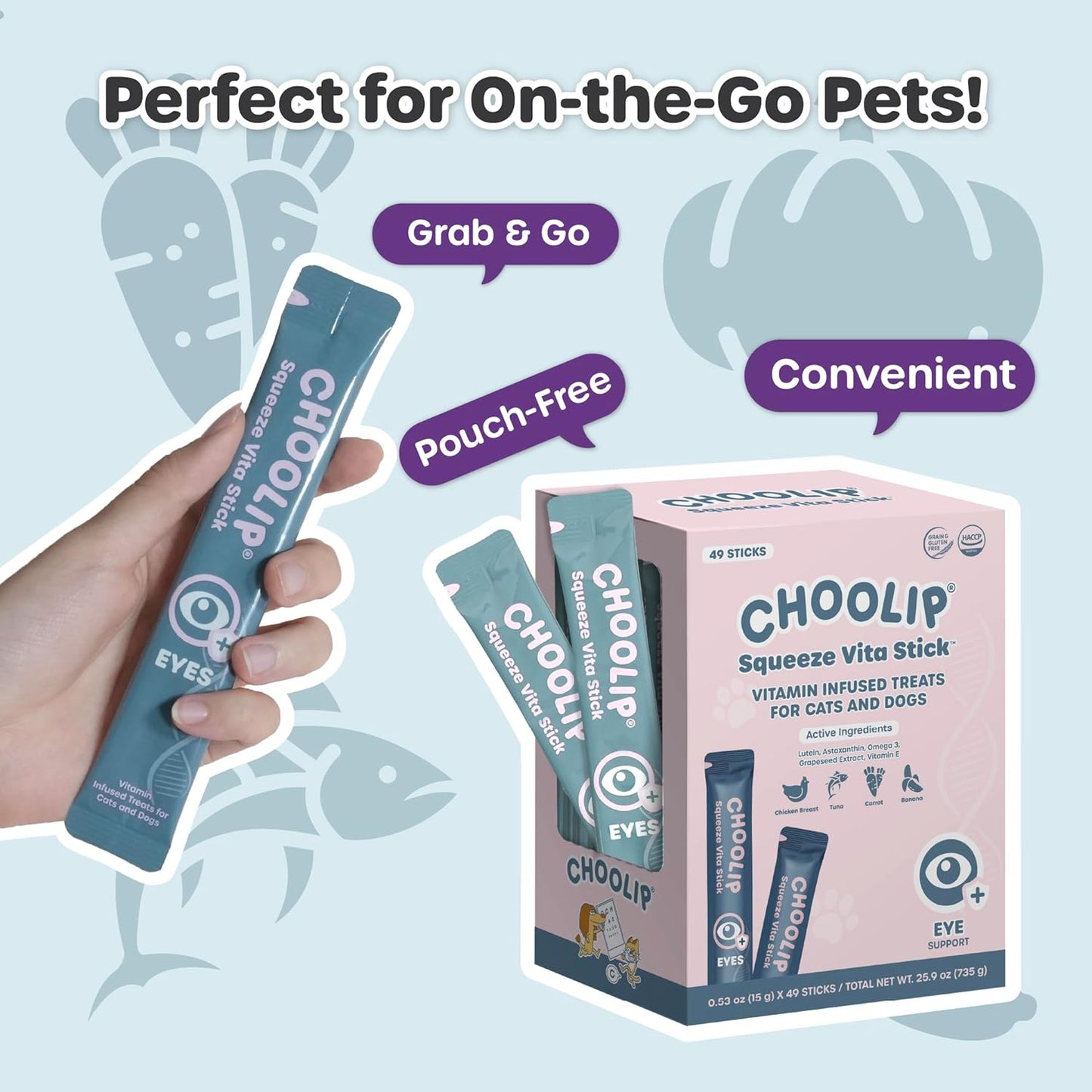 Grab & Go Squeeze Vita Stick Lickable Treats for Dogs & Cats. 49 Eye Health Sticks with Essential multivitamins. Soft and Tasty Paste for All Life Stages, Supporting Eyes Health