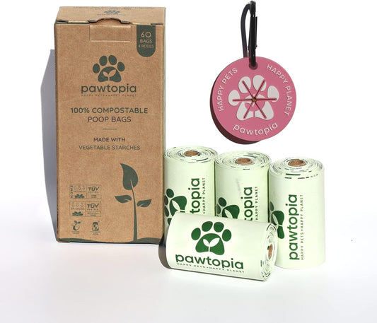 Certified Home Compostable Dog Poop Bags (60) + Pink Poop Bag Carrier, Biodegradable Poop Bags, Cat Litter, Vegetable Starches, Leakproof Dog Waste Bags, Easy to Open