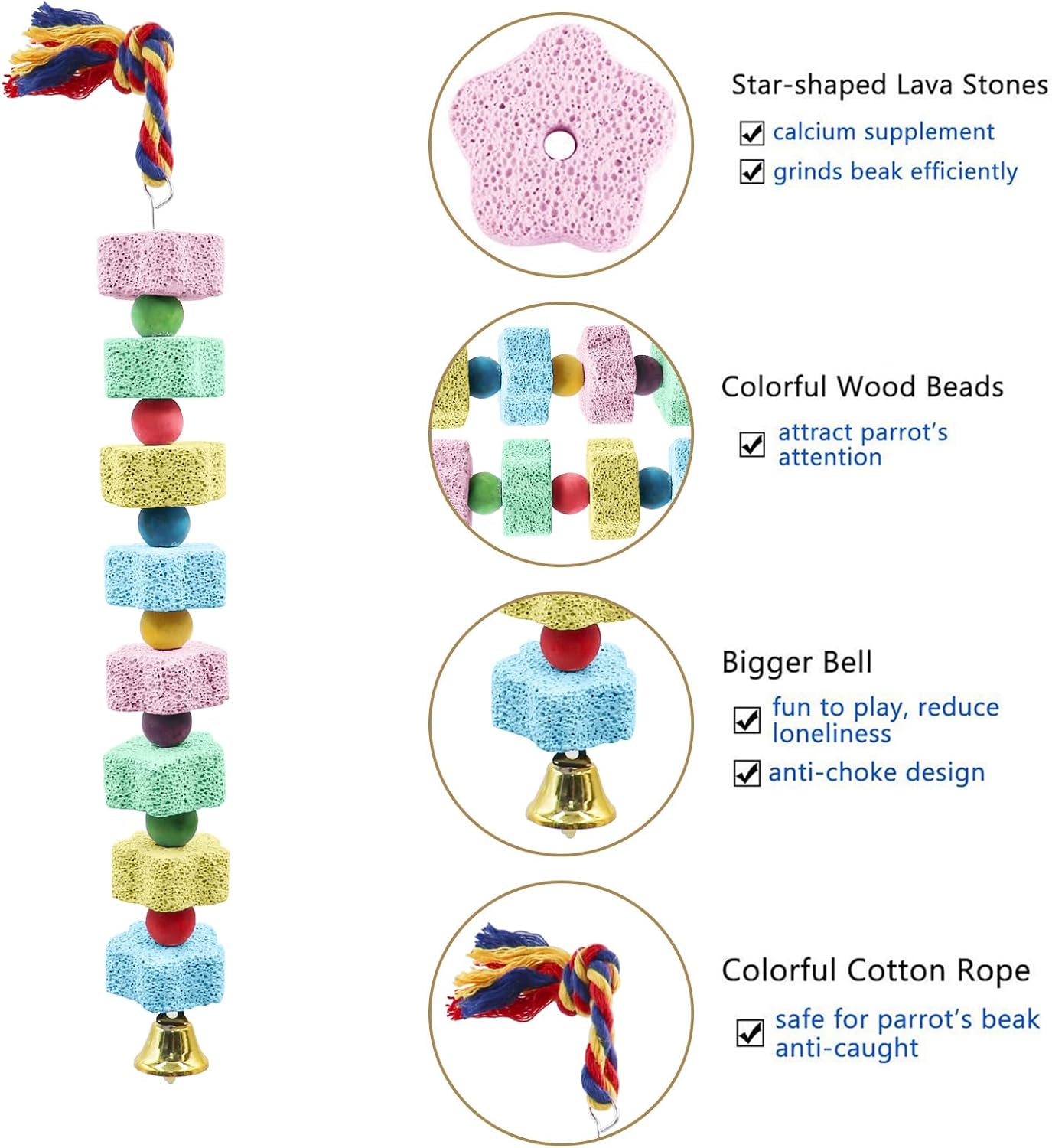 2 Pack Bird Chewing Toy, Colorful Parrot Beak Grinding Calcium Stone with Bells, Cage Accessories for Cockatiels Parakeets Parrots Budgies Lovebirds Rat Hamster Chinchilla Rabbit Bunny African Grey