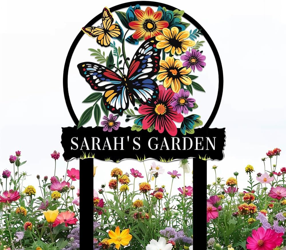 Personalized Butterfly Metal Sign with Stake,Custom Gardener Family Name Signs Outdoor Decorate,Customized Garden Accessories Decor for Mother's Day,Sunflowers Plaques for Patio Lawn Porch Backyard