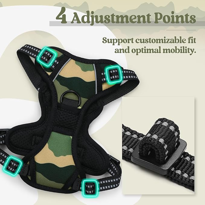 rabbitgoo Dog Harness No Pull with 2 Leash Clips, Adjustable Soft Padded, Reflective Oxford No Choke Pet Vest with Easy Control Handle for Large Dogs, Green Mountain,XS