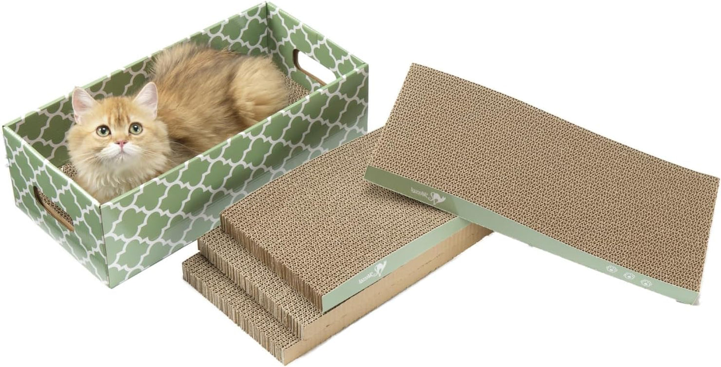 MECOOL Cat Scratching Board，5PC Cat Scratch Pad with Box，Reversible Corrugated Cat Scratcher Cardboard and Lounge Bed for Indoor Cats, Catnip