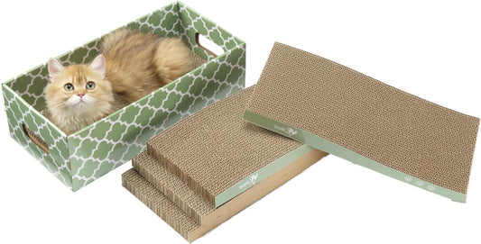 MECOOL Cat Scratching Board，5PC Cat Scratch Pad with Box，Reversible Corrugated Cat Scratcher Cardboard and Lounge Bed for Indoor Cats, Catnip