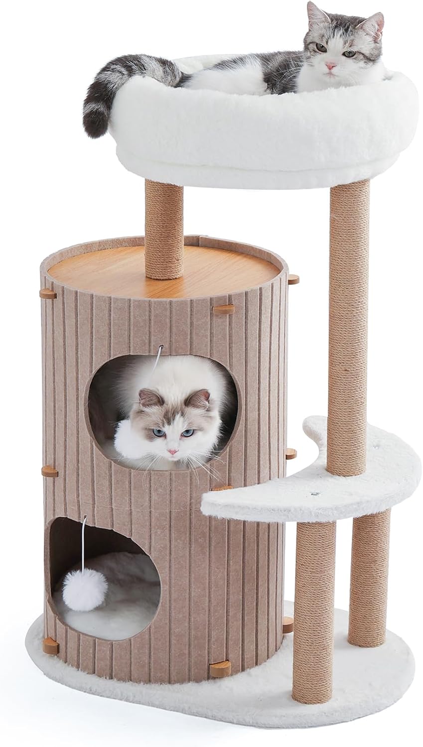 Cat Tree Tower with 2-Storey Large Felt Cat Bed Cave, Cozy Cats Tunnel Condo with Washable Cushions, 36.6"