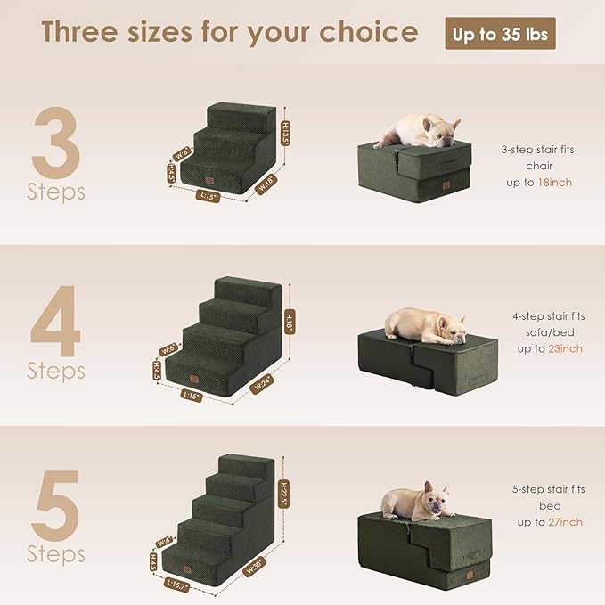 EHEYCIGA Dog Stairs for High Bed 22.5" H, 5-Step Dog Steps for Bed, Pet Steps for Small Dogs and Cats, Non-Slip Balanced Pet Ramp Indoor, Olive Green